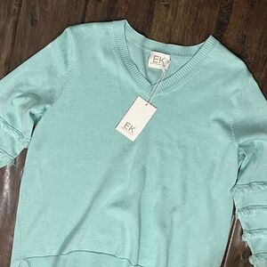 NWT Edinburgh Knitwear Mint V-Neck Sweater with Fringe Sleeve Detail Medium‎